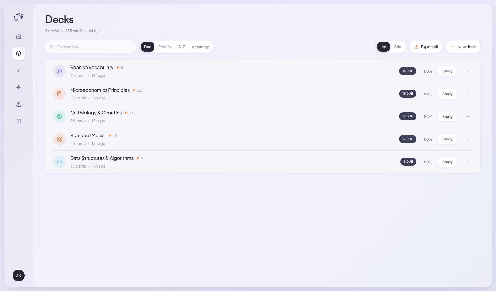 The Recall decks screen listing decks with due counts and accuracy