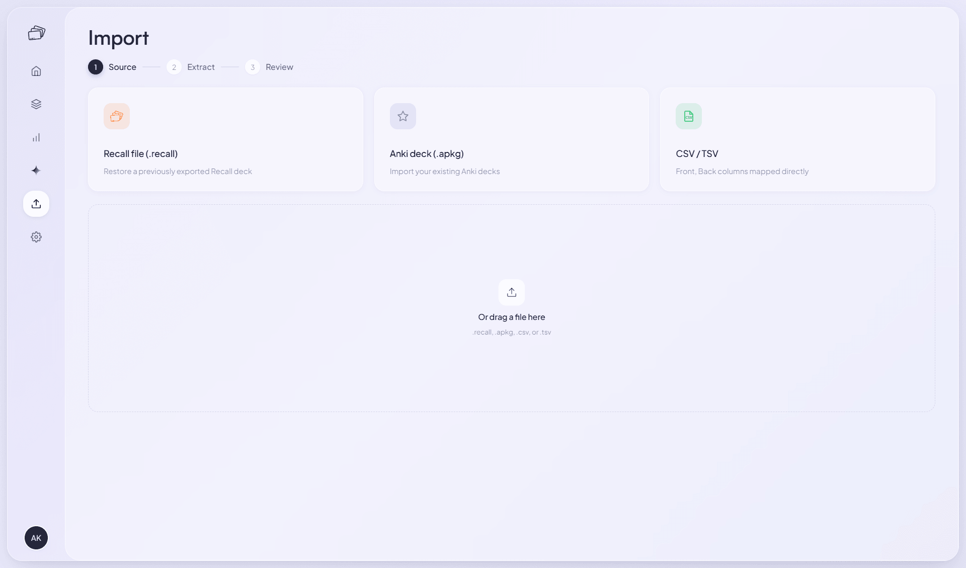 The Recall import screen offering Recall file, Anki deck, and CSV or TSV sources